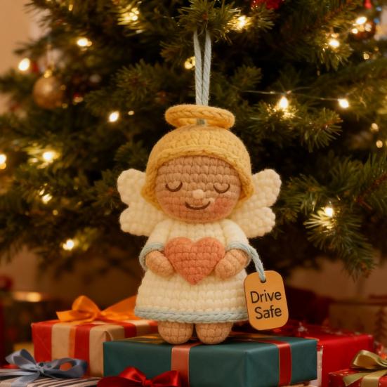 Crochet Angel Car Charm Handmade Knitting Angel Car Rear Mirror Hanging Accessories with Drive Safe Tag New Driver Blessing Present