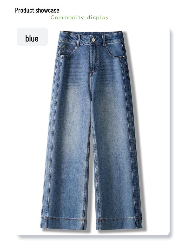 Women's Blue High-Waisted Wide-Leg Jeans - Summer 2025 Relaxed Fit, Slimming Drapey Long Pants