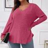 Women's  And Winter Solid Colour Plus Size Women's Tops V-Neck Long Sleeve Striped Milled Loose Pullover T-Shirt