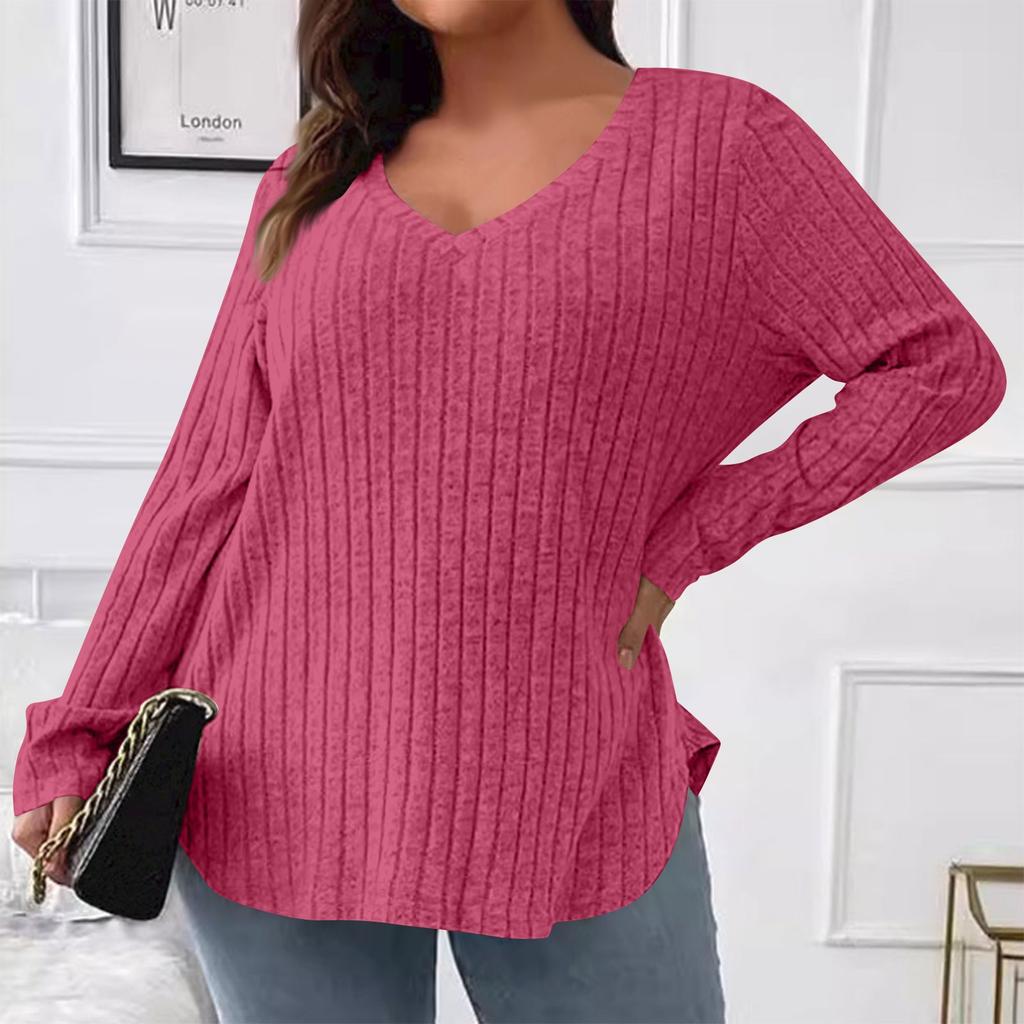 Women's  And Winter Solid Colour Plus Size Women's Tops V-Neck Long Sleeve Striped Milled Loose Pullover T-Shirt