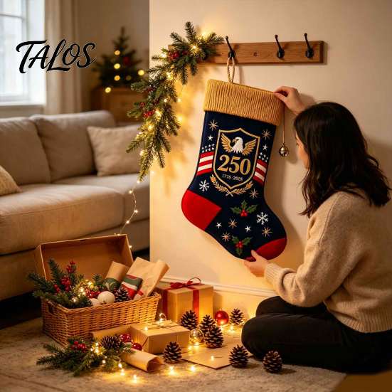 Soft Fabric Gift Bags for Candy USA 250th Anniversary 1776-2026 Embroidered Christmas Stocking, 18 Inch Large Sacks Neighbors Friends Patriotic