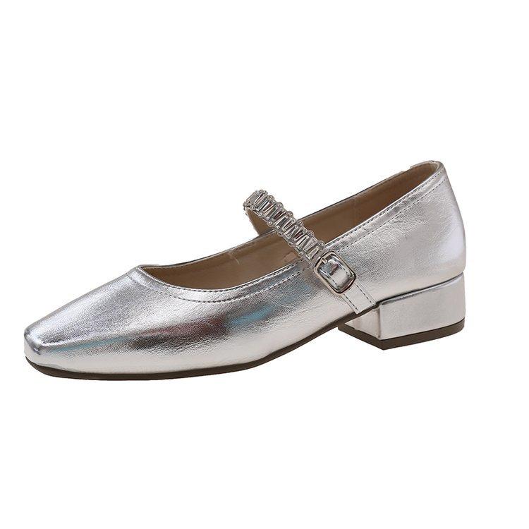 Not tired feet single shoes 2025 new square head shallow mouth rhinestone one-word diamond belt silver low heel flat Mary Jane shoes