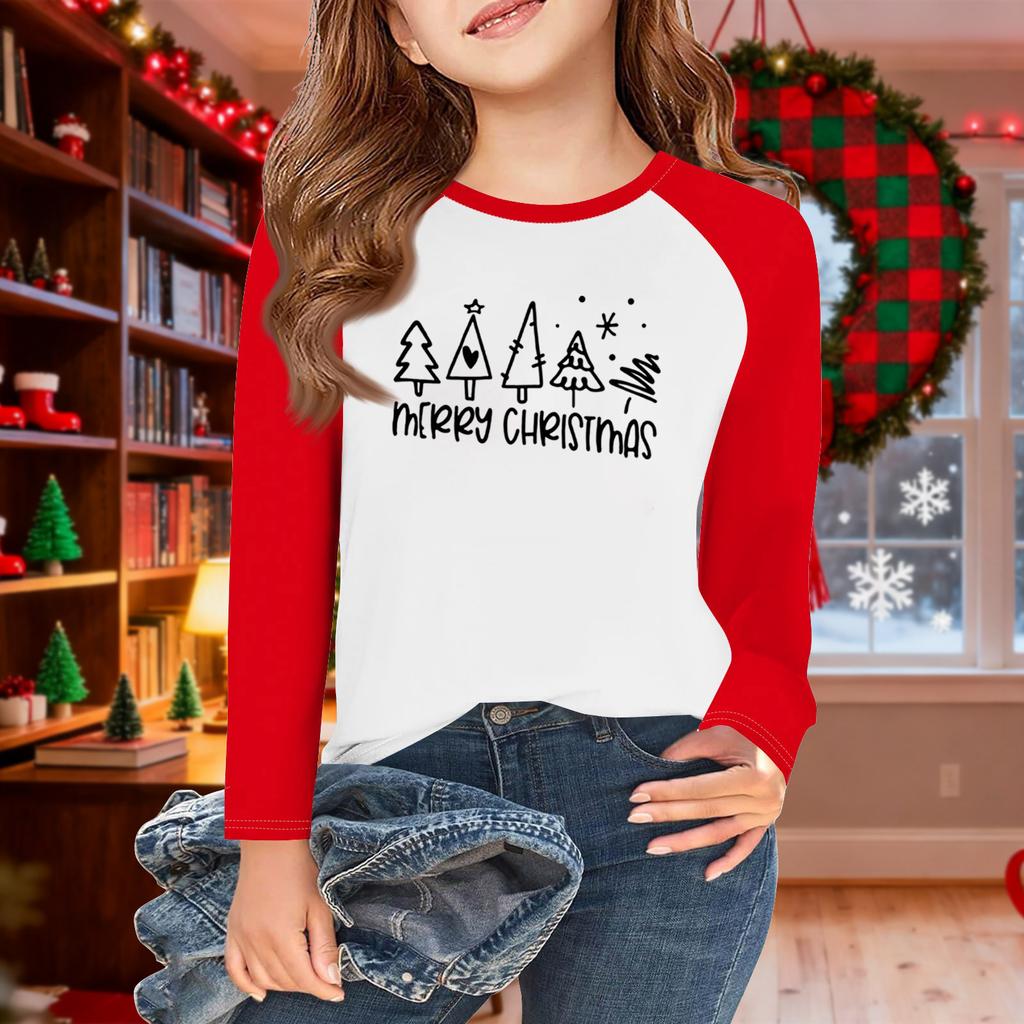 Girls Long Sleeve Christmas Day T Shirts Kids Fall Tops Crewneck Basic Tees 5-14Y