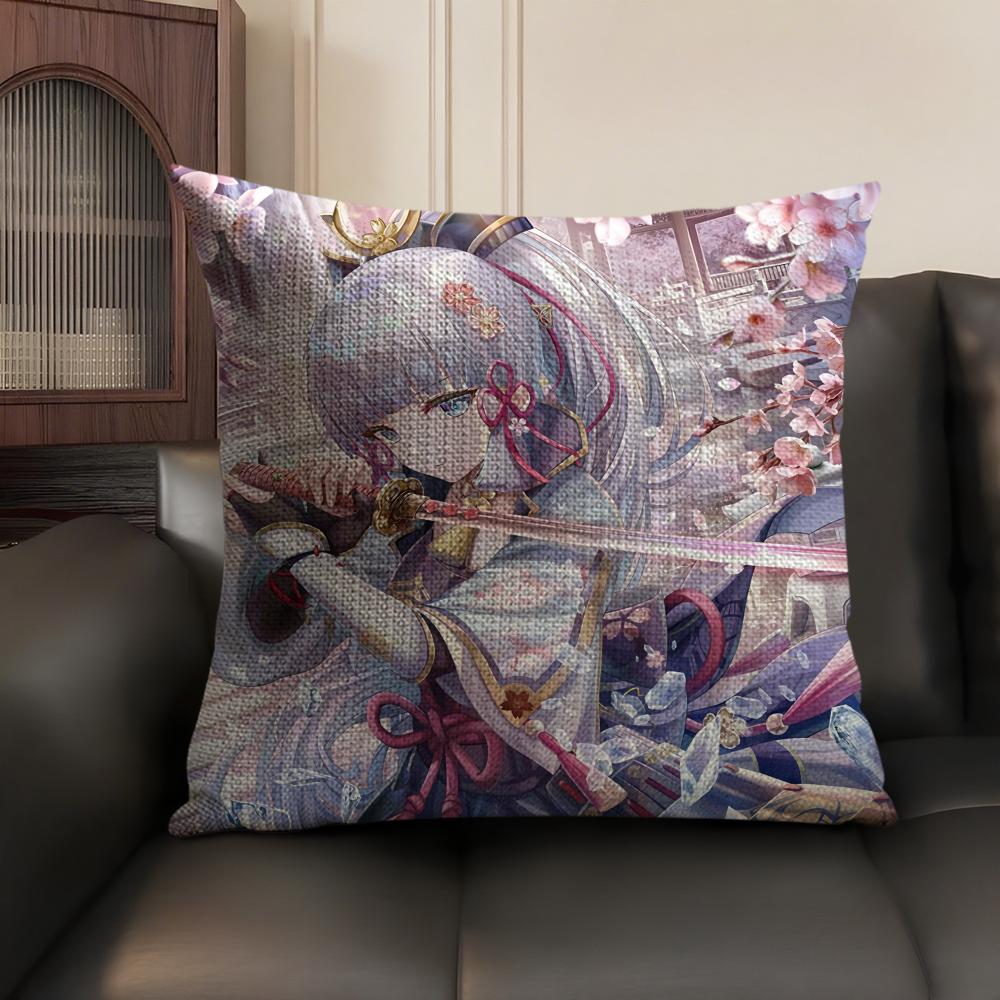 Kamizato Ayaka Genshin Impact Cushion Cover Natural Linen Organic Fabric DoubleSided Printing Sofa Home Decor Gift Pillow Case