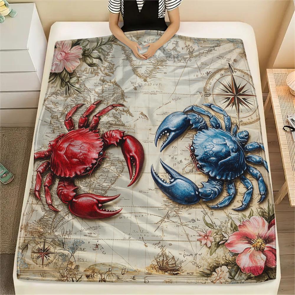 

Vintage Crabs Print Flannel Blanket, High quality Comfortable for All Seasons, Home Decor, Warmth and Comfort 80cm x 120cm