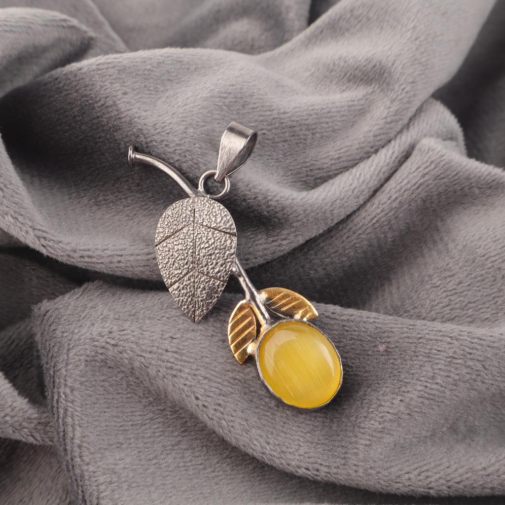 Women Gift Yellow Cat's Eye Gemstone 925 Sterling Silver Handmade Leaf Pendant PP-55-27