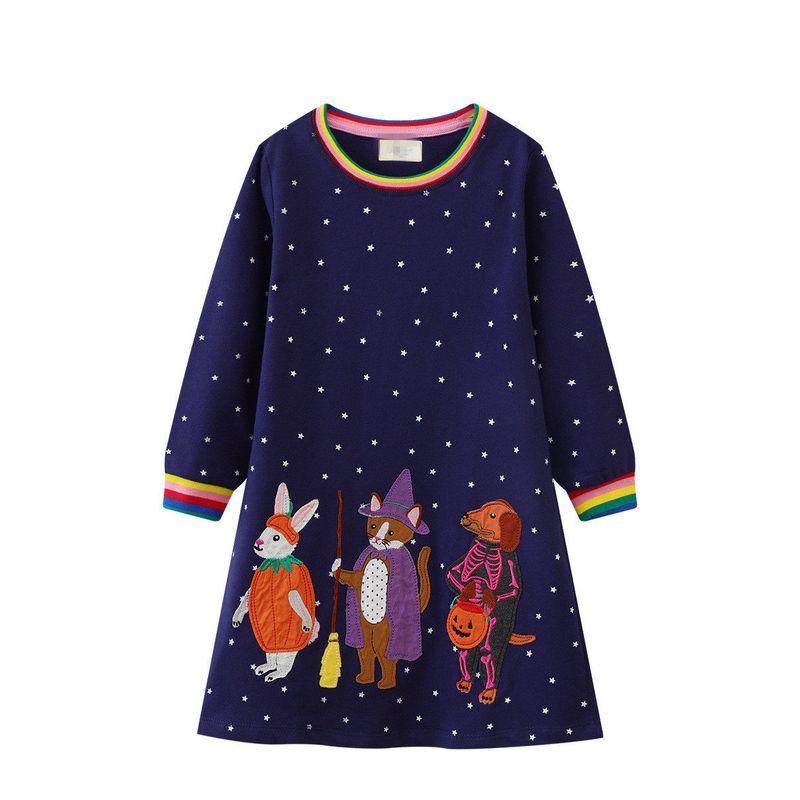 Girl Dark Blue Animal Long Sleeves Dress Baby Leisure T-shirt Skirt Kids New Arrival Autumn Cotton Knitted Dress 8