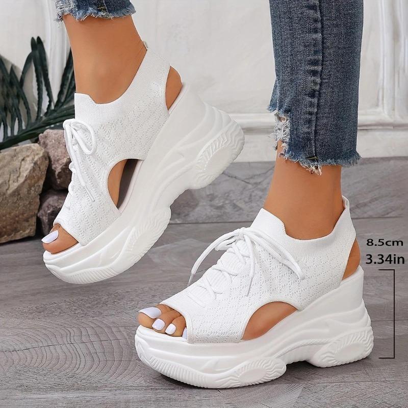Damen Sommer Plateau Keilsandalen Atmungsaktives Gewebtes Elastisches Obermaterial Offene Zehenpartie Schnürung Bequem Weich Besohlt Hochhackig Freizeit Schuhe
