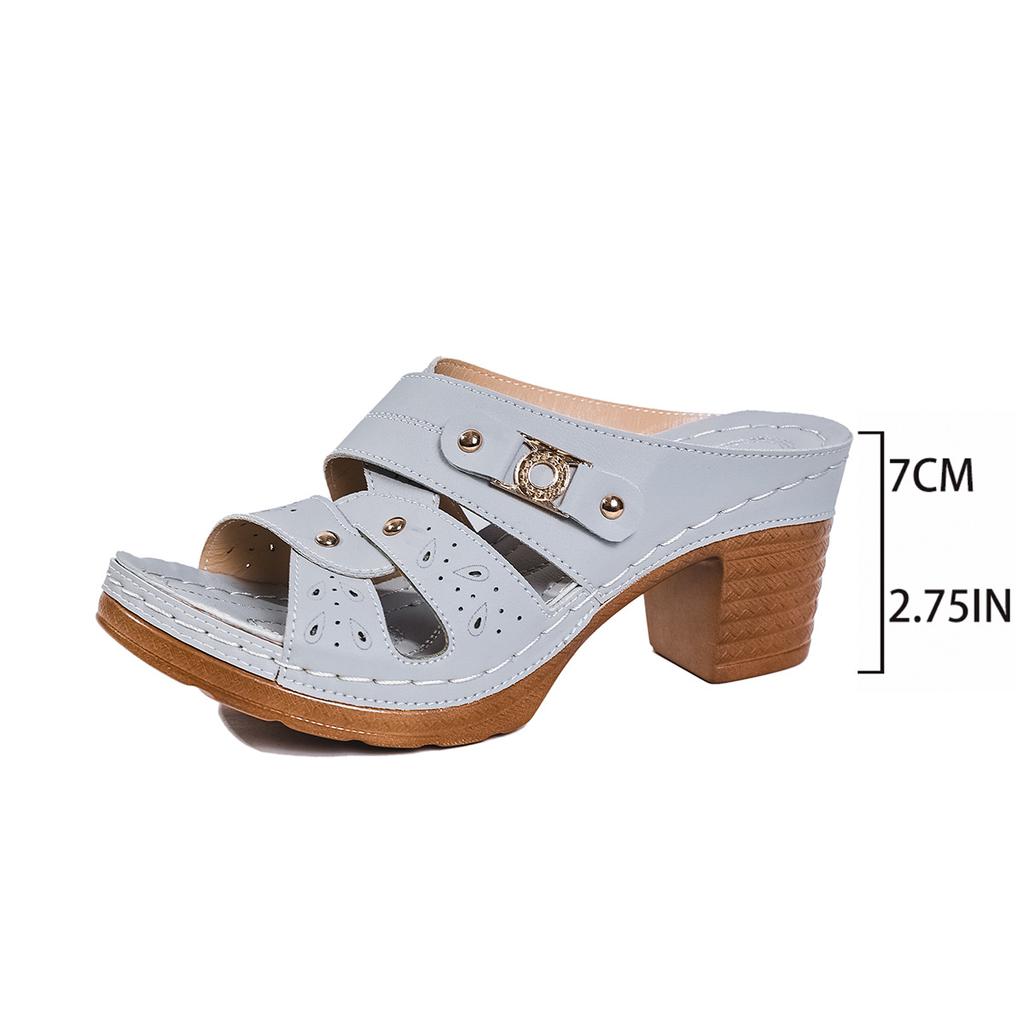 Fashion Retro Casual Roman-style Round-toed Slippers for Women, New High-heeled Buckle and Plus-size Sandals with Hollowed-out Patterns