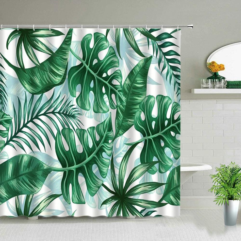 Green Leaves Shower Curtain Monstera Leaf Tropical Plant Spring Bathroom Curtain Bathtub Decor Waterproof Fabric with Hooks