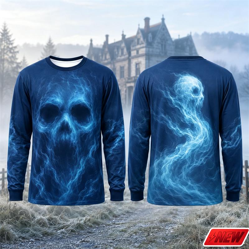Novelty Long Sleeve T‑Shirt Men Gothic Flame Smoke Skull 3D Print Tee Fire Skeleton Graphic Casual Halloween Party Street Top