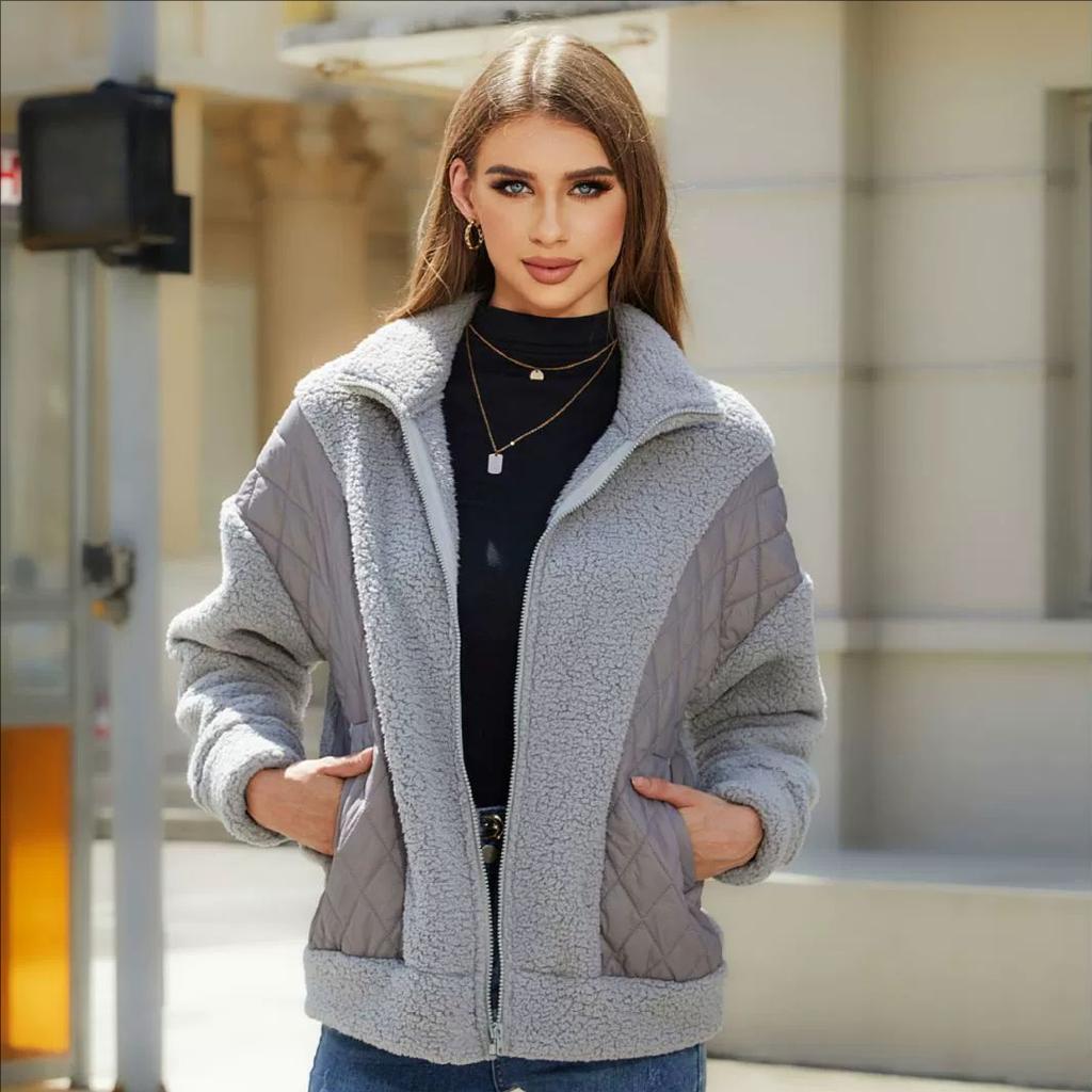Women's Fall and Winter Long-sleeved Cardigan Zipper Plush Splicing Ladies Short Jacket
