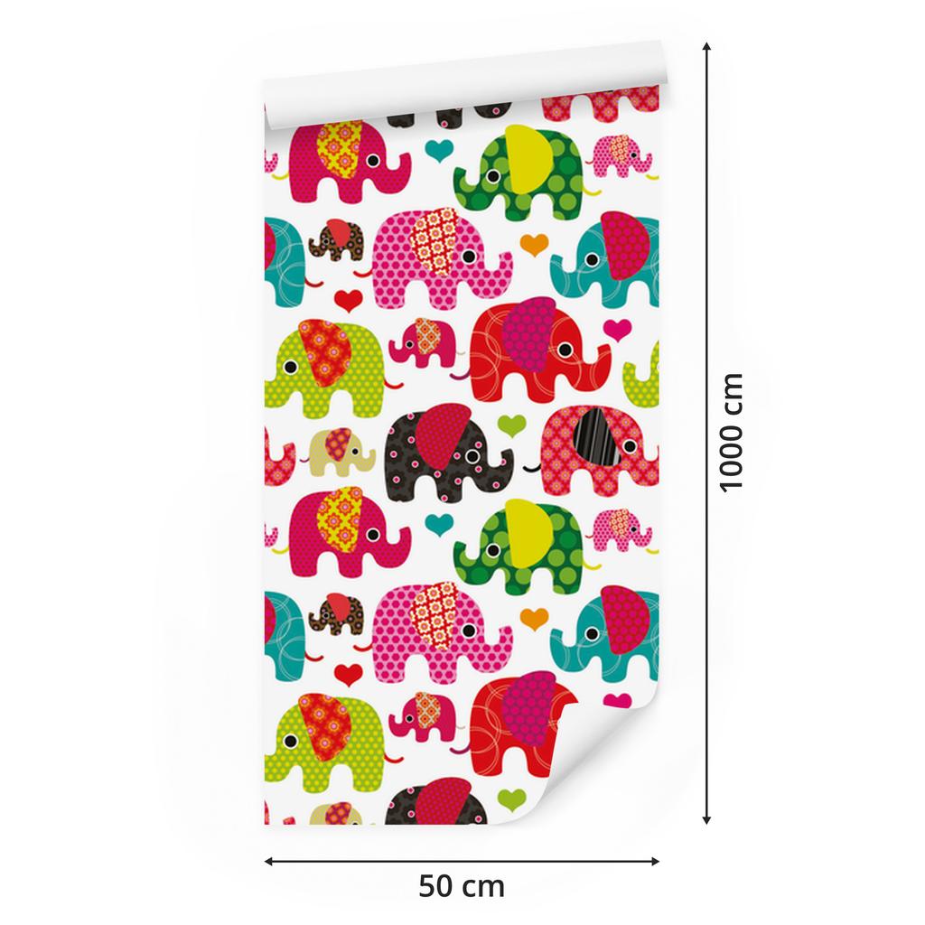 Colorful Elephants and Hearts Wallpaper for Living Room and Bedroom 50x1000