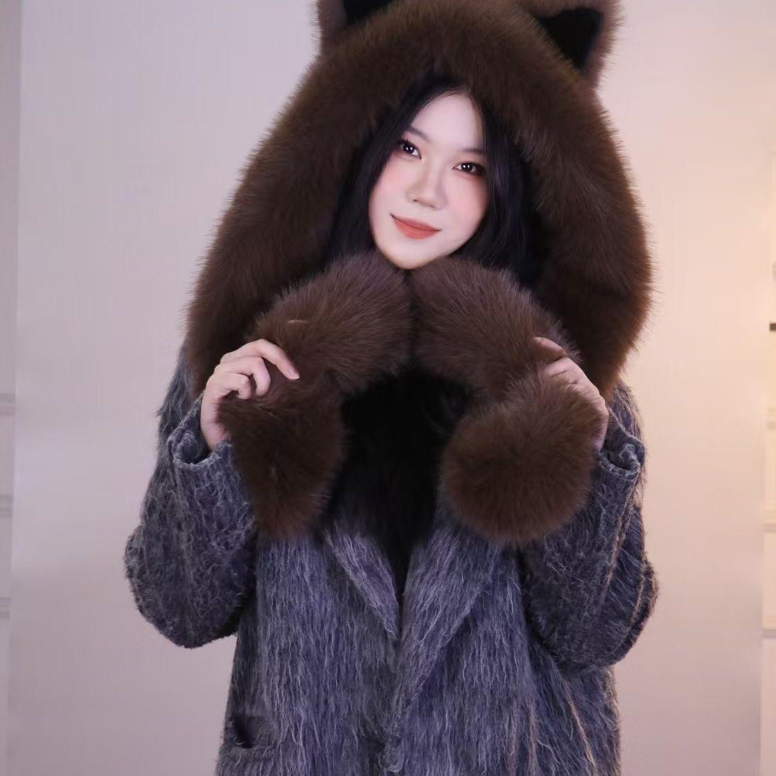 

Новая шапка из искусственного меха лисы, увеличенная и утолщенная, зимняя пушистая шапка, шарф для большой головы для сохранения тепла One size