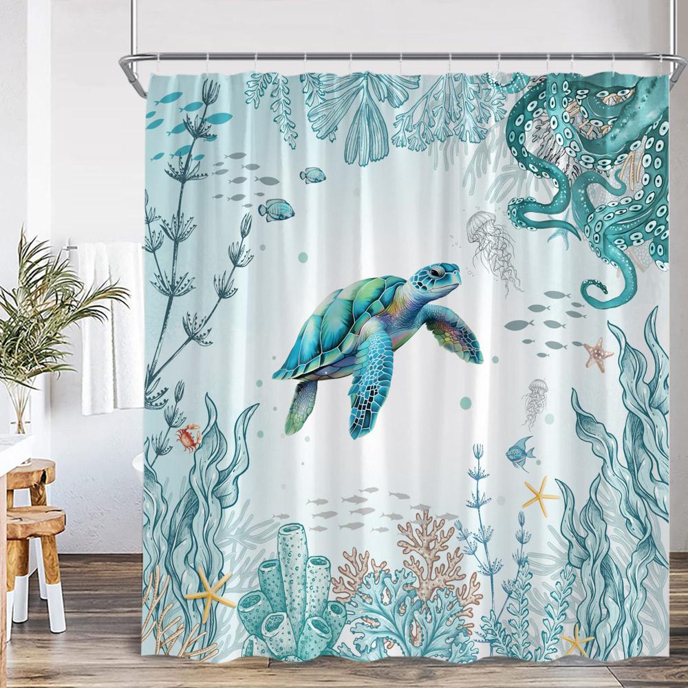

Ocean Sea Turtle Shower Curtain Seahorse Starfish Seagrass Fish Animals Underwater Scenery Fabric Bathroom Curtains Decor Set W60H190(CM)-1 Pcs