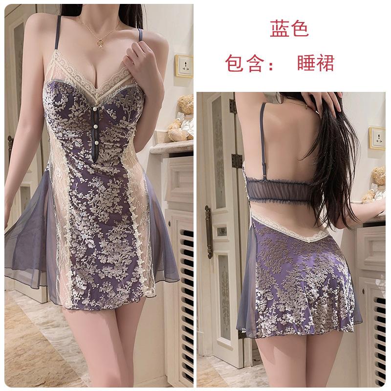 Hot backless women's pajamas deep V plus chest pad sweet mesh sexy velvet pajamas robe set C