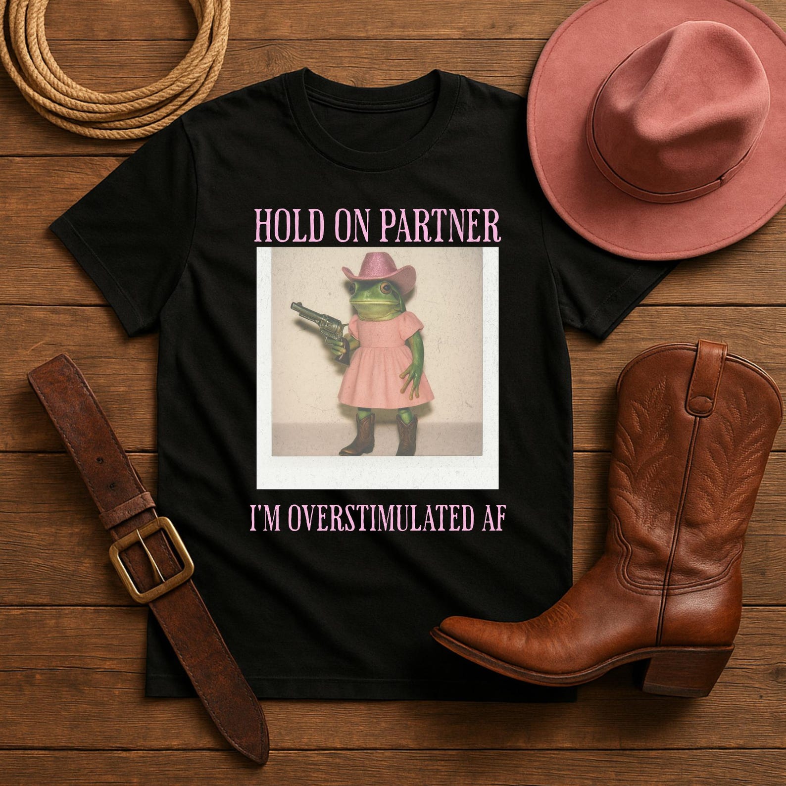 Funny Frog Cowgirl Shirt: Overstimulated AF Meme Tee M