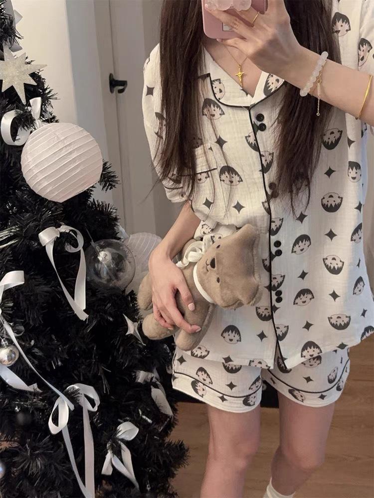 

Sweet cartoon cherry balls pajamas women s summer short-sleeved shorts set can be worn outside loungewear two-piece set S