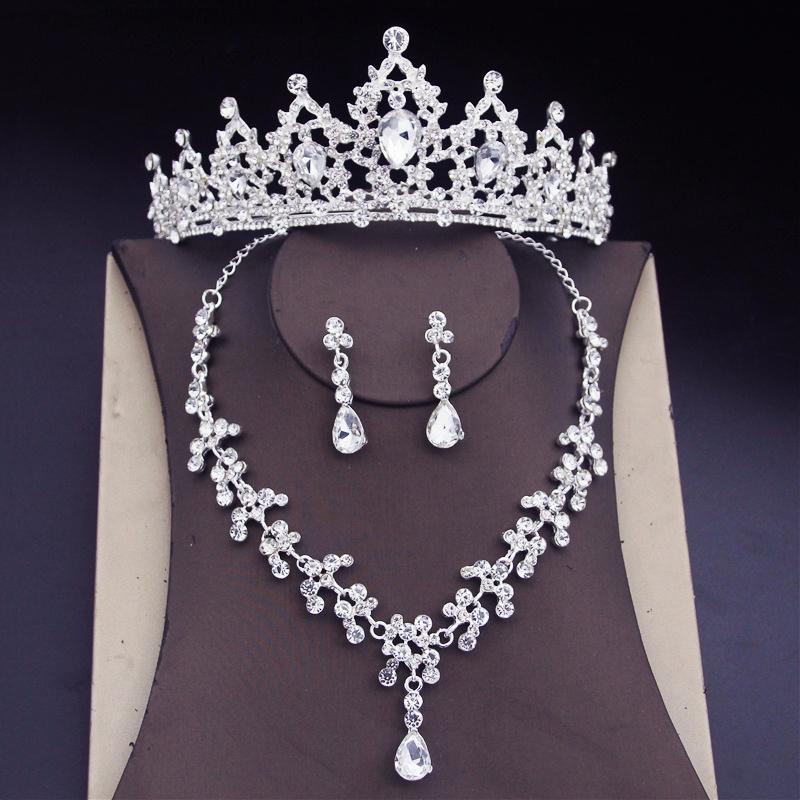 Water Drop Crystal Bridal Jewelry Sets Women Bride Tiara Crowns Earring Necklace Set Princess Wedding Dress Jewelry Accessories