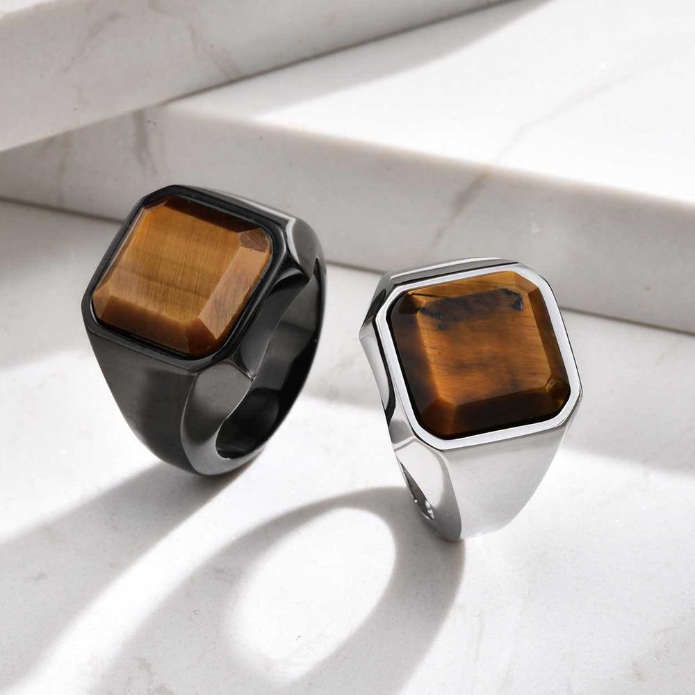Brauner Tigerauge Steinring für Männer Jungen, Geometrischer Quadratischer Stein Siegelring aus Edelstahl, Lässiger Schmuck Geschenk
