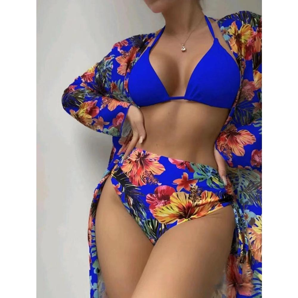 European and American Sexy Bikini Three-Piece Printed Mesh Blouse Swimsuit