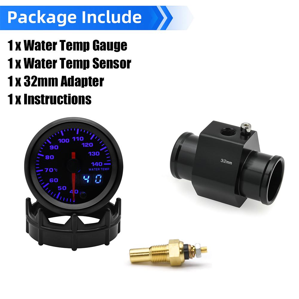 2“ 52mm Water Temperature Gauge 40-140 Celsius 7 Colors Backlight Water Temp Sensor Joint Pipe Sensor Hose Adapter For 12V Car