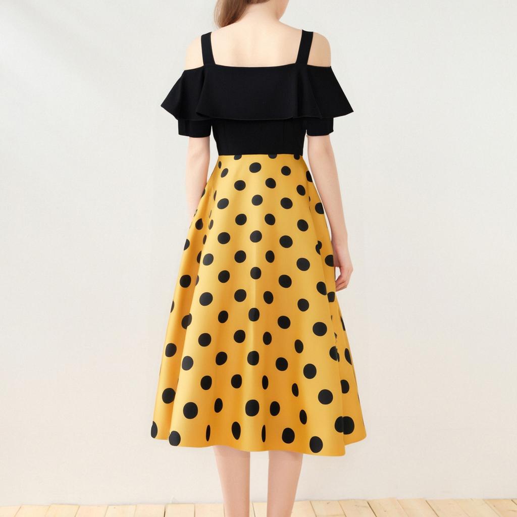 Damenmode Lässig Retro Mit Flound-Fransen Kurzärmelig Schwarz Patchwork Punkt Großer Rock