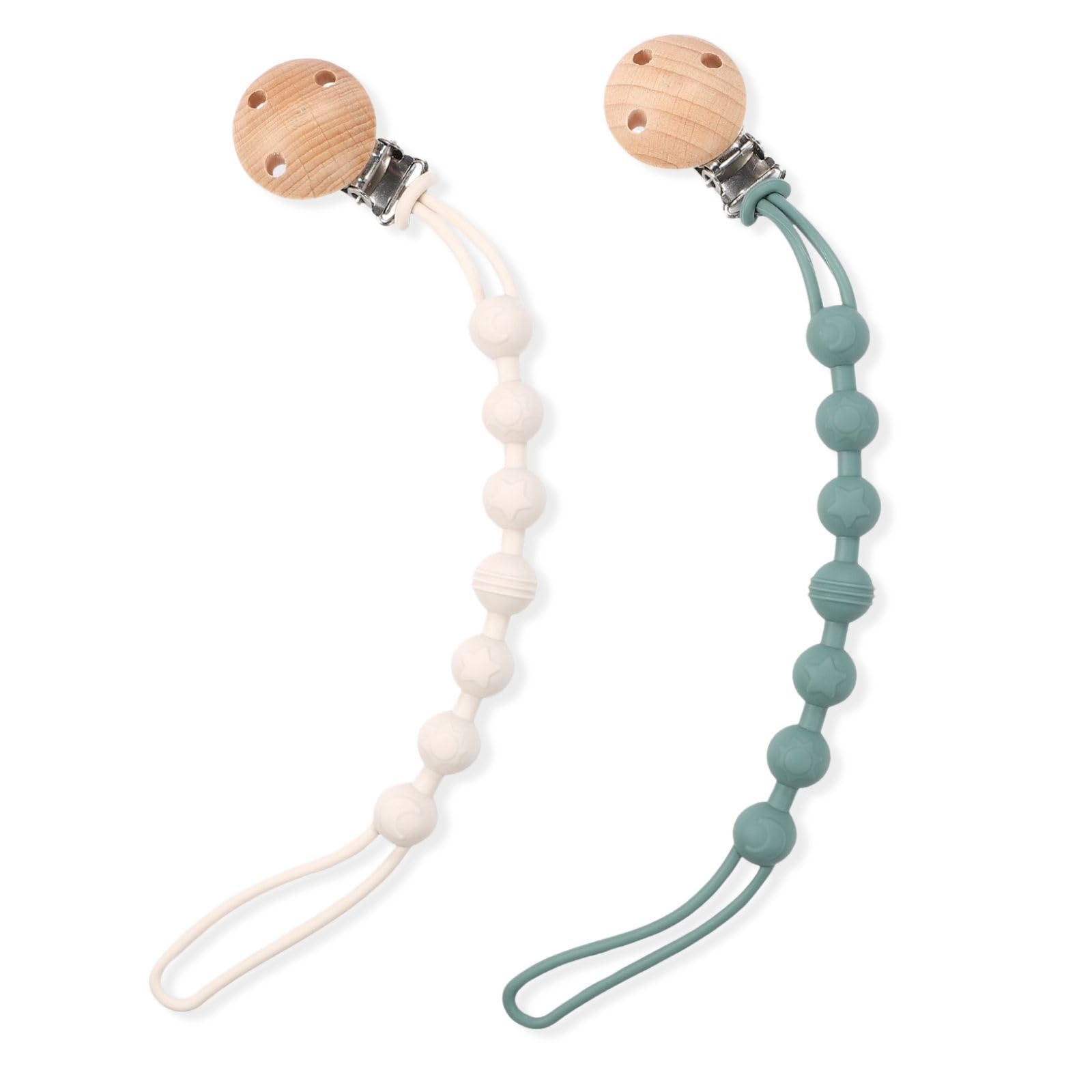 

Set of 2 Pacifier Wooden and with Pacifier Strap Clips Holders, Silicone, [Lelimo] (Green & Ivory)