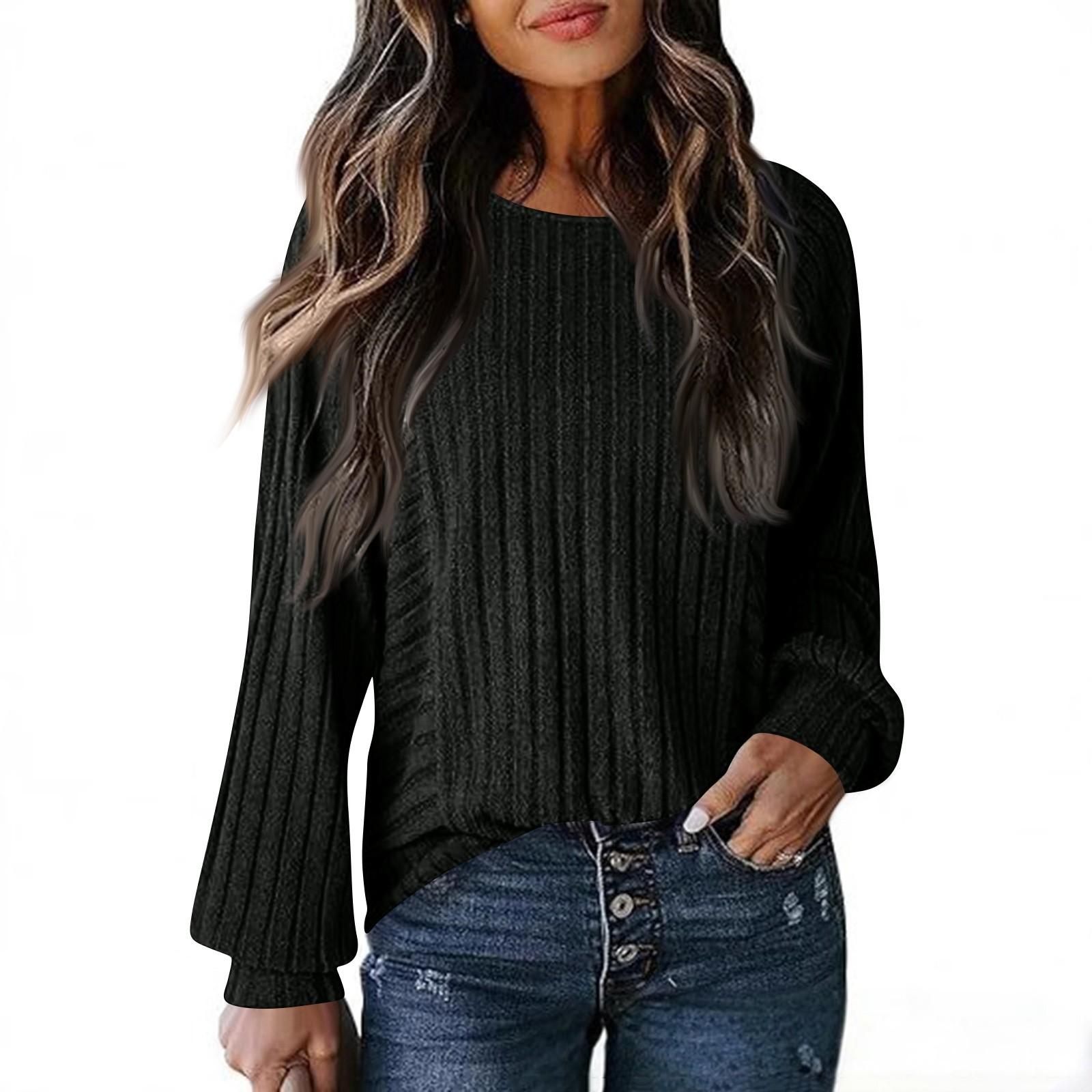 

Women s Fashionable Casual Solid-color Long-sleeved Pullover Round-neck T-shirt Top L чорний