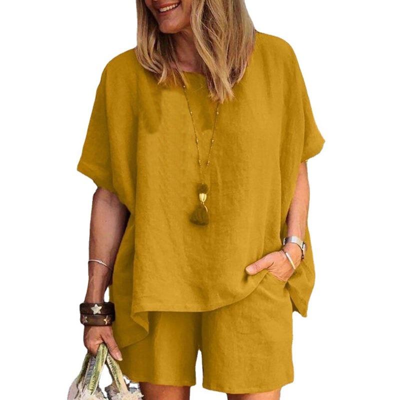 women's Solid Color Batwing Short Sleeve Loose Top High Waist Casual Shorts Summer Two Piece Outfit Set