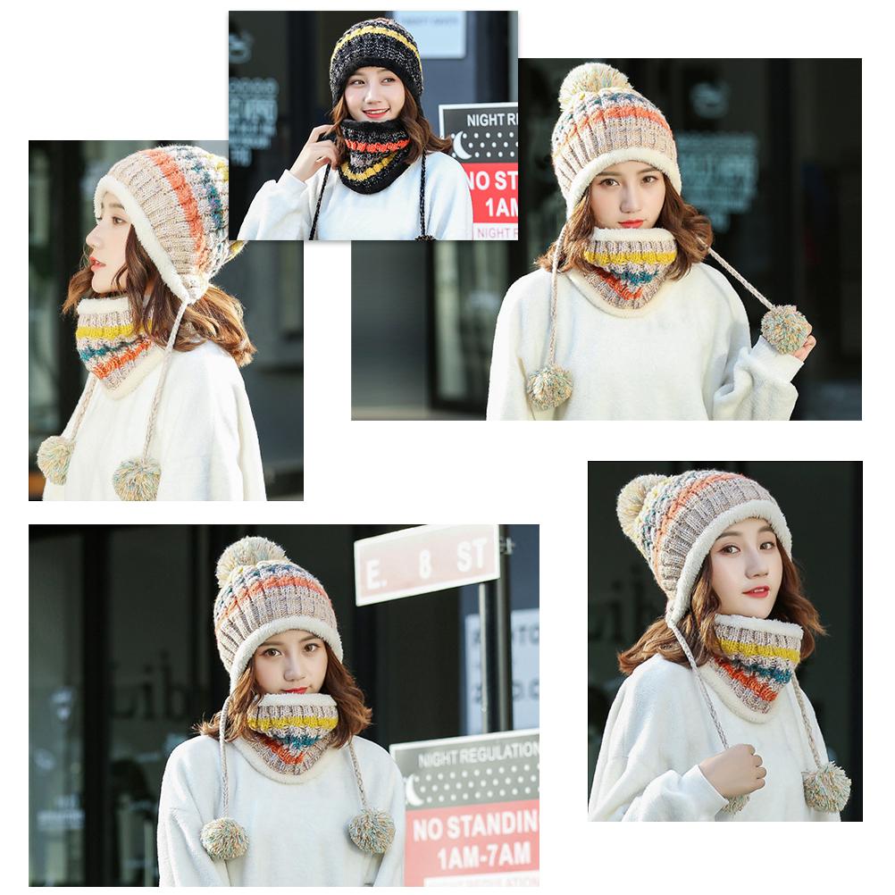 Women Knitted Beanie Hat Scarf Set Warm Thick Crochet Pompoms Hat Neckerchief for Outdoor Ski Snowboard
