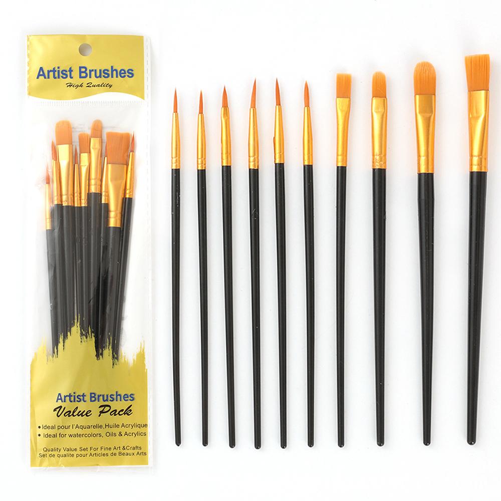 10Pcs Painting Brushes Set Art Round Flat Hair Nylon Hair Paint Brush Pen Oil Acrylic Watercolor Nylon Hair Paint Brushes