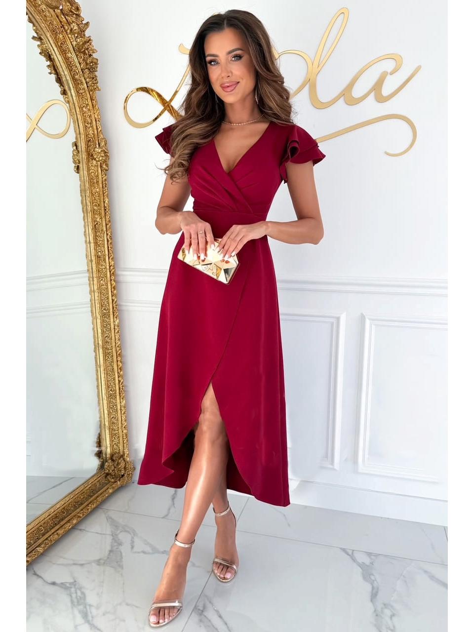 

2025 Women s Summer V-Neck Waist-Gathering Ruffle Sleeve Irregular Dress S