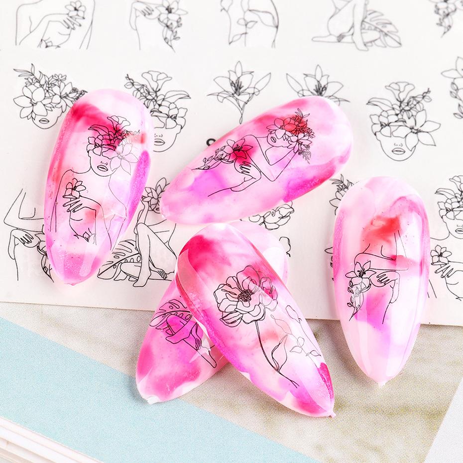 4 Sheet Nail Water Sticker DIY Black Abstract Face Image Nail Art Decoration Manicure Creative Designs Watermark Decals Tool