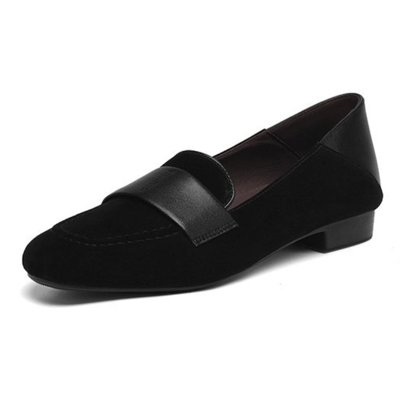 Retro Round Toe Faux Suede Low Heel Pumps Women Fashion Sewing Patchwork Design Loafers Elegant Comfort Commuting Office Shoes