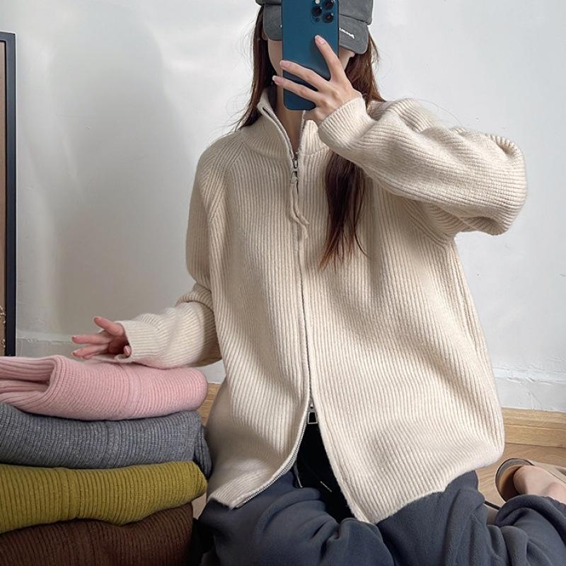 GMXIA Lapel Double Zipper Design Sense Knit Cardigan Women's Autumn and Winter Lazy Sweater