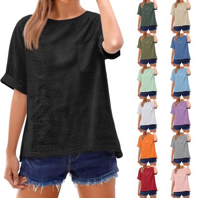 Modisches kurzärmeliges T-Shirt in Farbe mit Taschendesign, Modisches leichtes Oberteil mit Rundhalsausschnitt für Damen