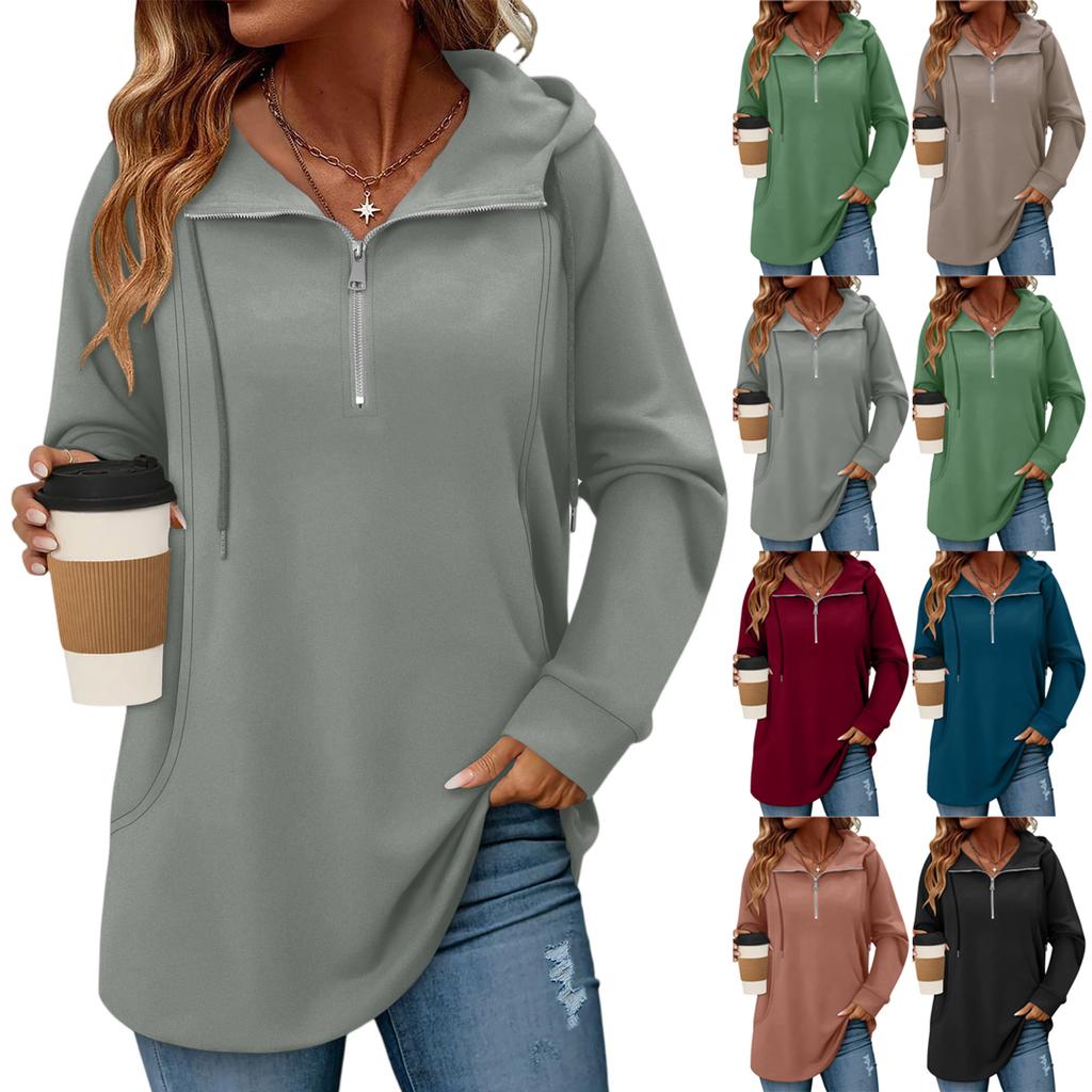 Women's Solid Color Zipper Drawstring Pocket Pullover Top Sweatshirt