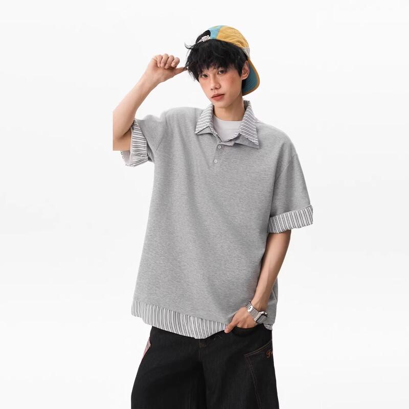 QOTRIOCK Unisex Striped Fake Two-Piece Polo T-Shirt