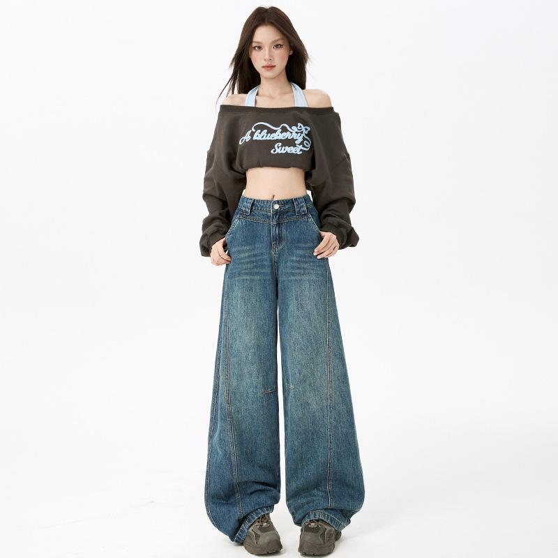 American Vintage Curved Knife Wide-leg Jeans for Women, Slimming, Loose, Versatile Floor-length Pants with a Stylish Design. Yichun