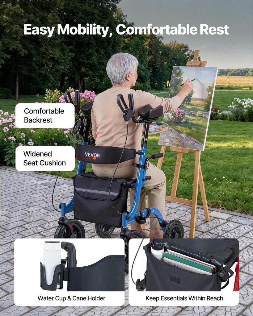 VEVOR Rollator Walker with Seat for Seniors, Foldable Rolling Walker, Lightweight Aluminum Mobility Walking Aid with PU Solid Wheels