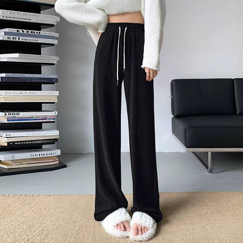 Petite Slimming Wide-Leg Fleece-Lined Pants for Women - Casual Elastic Waist, Loose Fit for Autumn/Winter