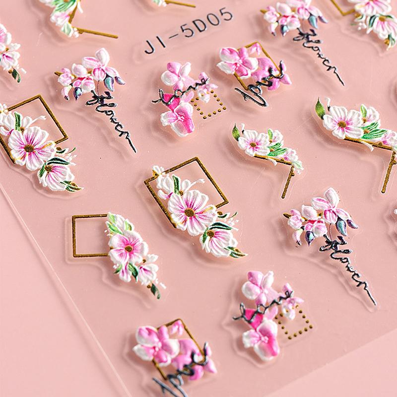 5D Nail Stickers Flowers Heart Shape Decor Acrylic Embossed Slippers Gold Frame Nail Decals Cherry Blossom Manicure