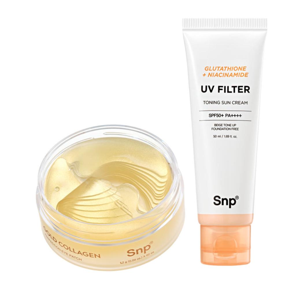 SNP Gold Collagen Eye Patch 60 Sheets + Glutathione Tone-Up Sunscreen 50ml Set