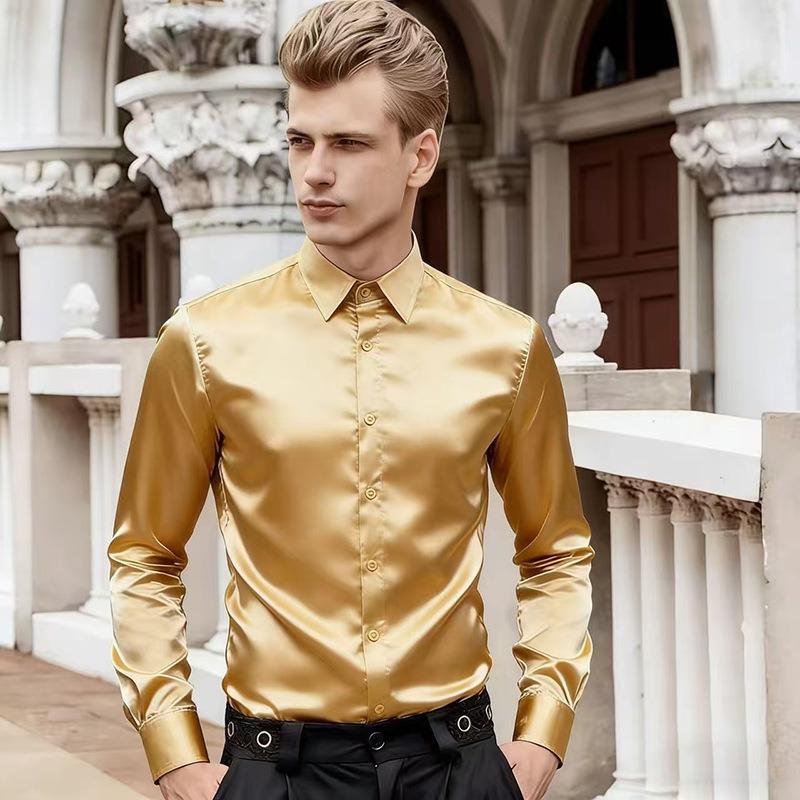 Mens White Long Sleeve Lapel Collar Slim Fit Formal Dress Shirt