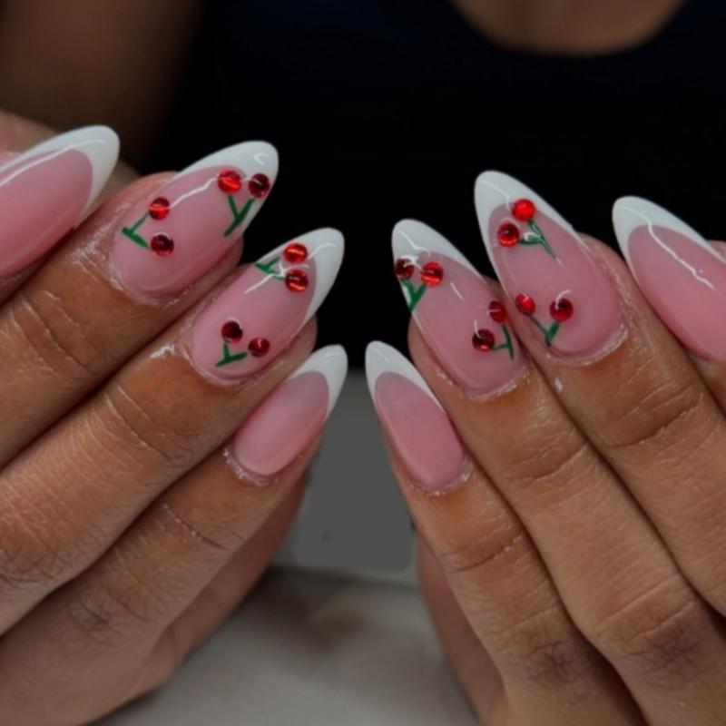 French Style Press On Nail 24 Pcs Glossy Finish Stick on Nail with Fruit Designs Suitable for Work and Social Event