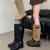 2025 New Versatile Fashion Boots Women's Retro Suede Splicing Round Head Knight Boots Belt Buckle Thick Heel Boots