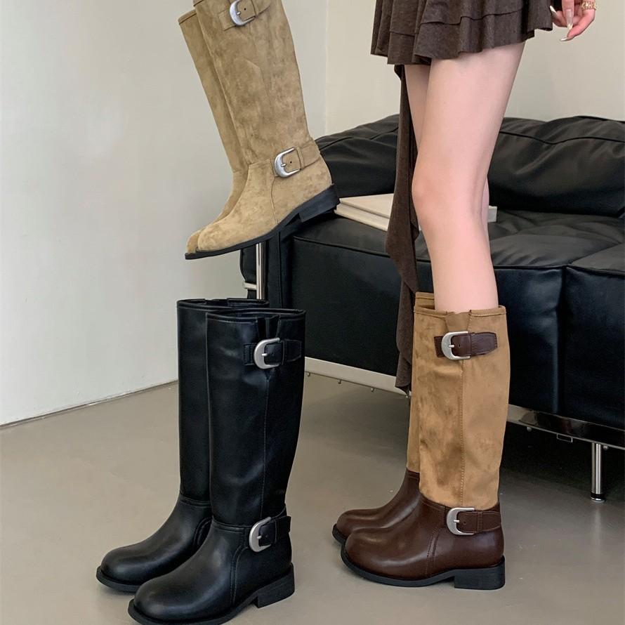 2025 new versatile fashion boots women's retro suede splicing round head knight boots belt buckle thick heel boots