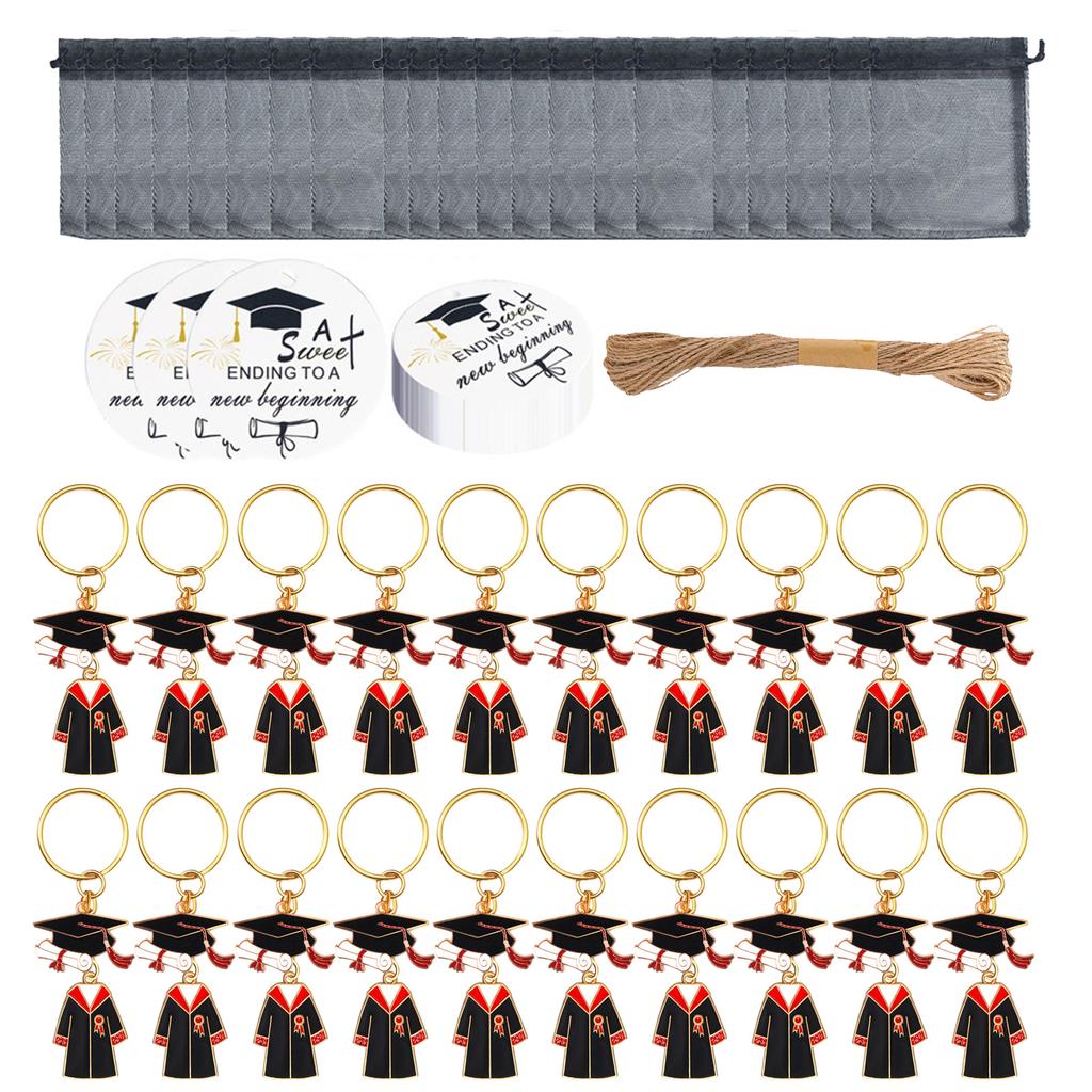 20 Pack Graduation Theme Key Rings Academic Celebration Keychains with Gift Labels Mesh Bags Gown Students Souvenirs