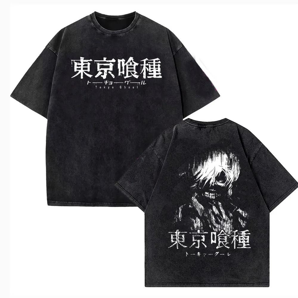 2026 Summer Harajuku Men Women T-shirt Anime Tokyo Ghoul Kaneki Ken Centipede Vintage Washed Cotton T Shirt Streetwear Men Tops Clothing